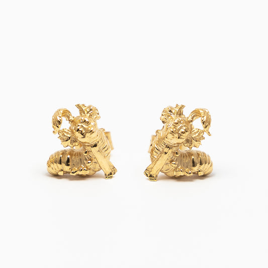 Licensed To Charm Front view of the Labyrinth Worm Stud Earrings in 18ct gold vermeil, featuring detailed design of the iconic Labyrinth movie character.