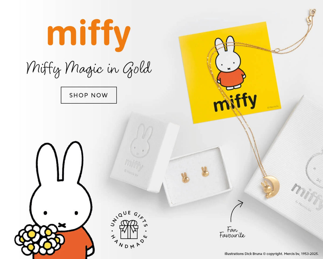 Licensed To Charm Official Miffy jewellery collection banner showing gold vermeil necklace and earrings in Miffy branded gift boxes. Includes bold Miffy illustration with flowers and yellow card design. Text reads: 'Miffy Magic in Gold – Handmade Jewellery With Character – Shop Now.' Unique handmade jewellery gift for Miffy fans.