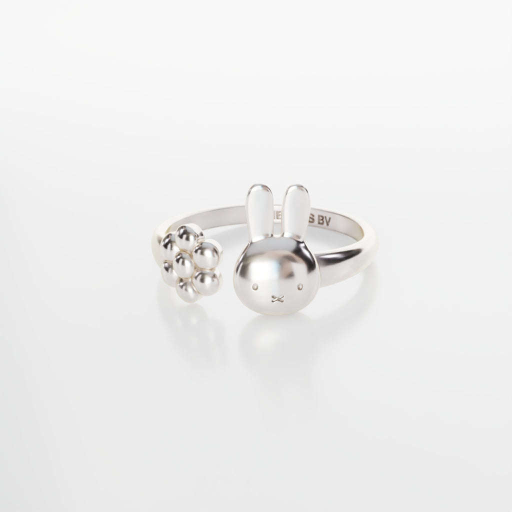 Licensed To Charm Miffy Daisy Adjustable Ring – handmade sterling silver Miffy jewellery gift, rabbit & flower design, UK crafted