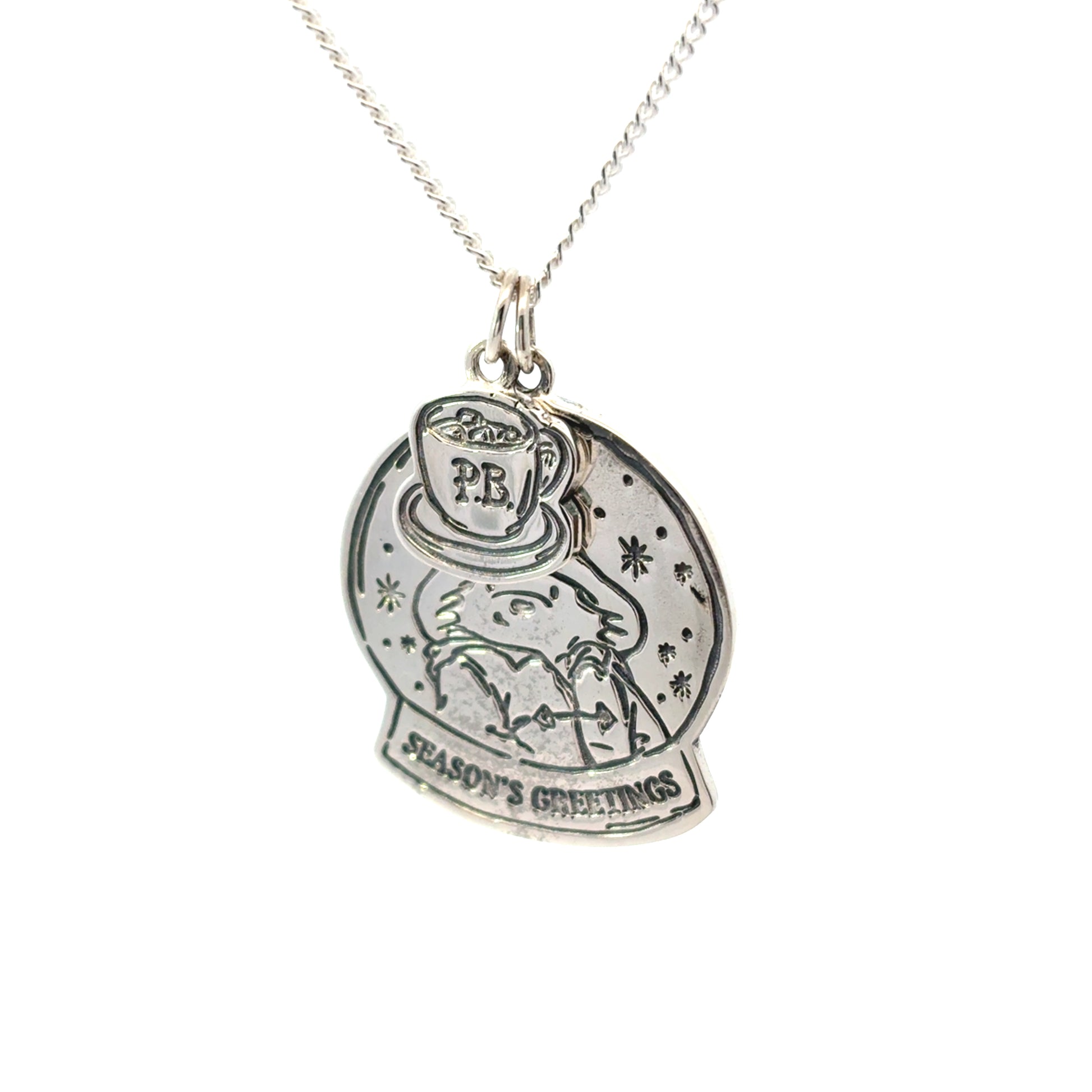 Licensed To Charm Paddington Christmas snowglobe necklace in sterling silver with hot chocolate 