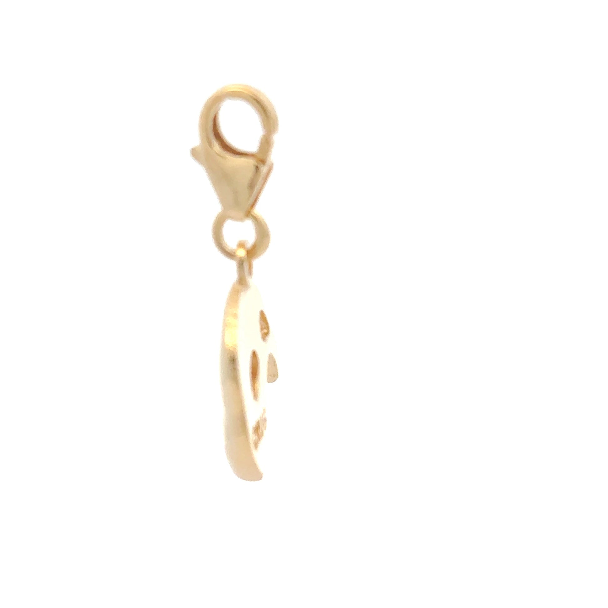Side view of Phantom of the Opera gold charm showing clasp and mask detail