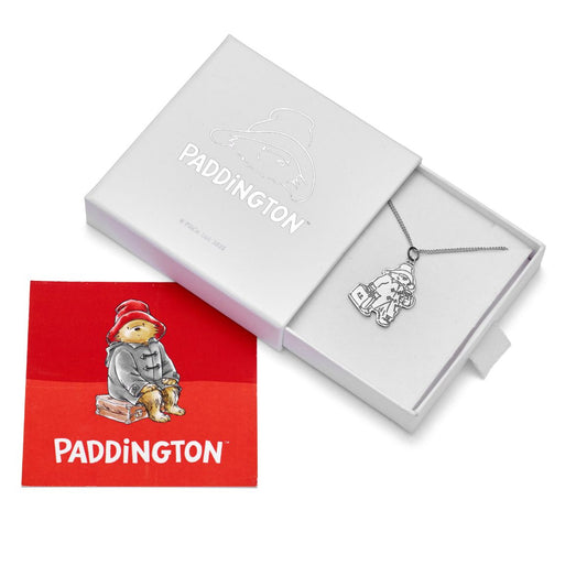 Licensed To Charm Silver Paddington Bear necklace in a white box with a red card featuring Paddington Bear on a white background.