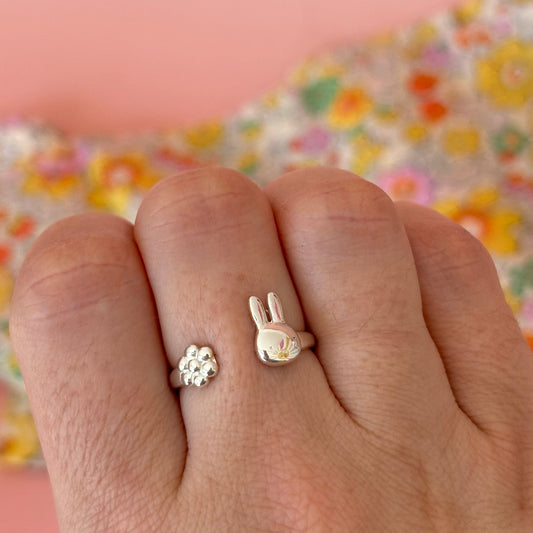 Licensed To Charm Sterling silver Miffy adjustable ring, worn by model on finger officially licensed Miffy jewellery, sustainable handmade gift
