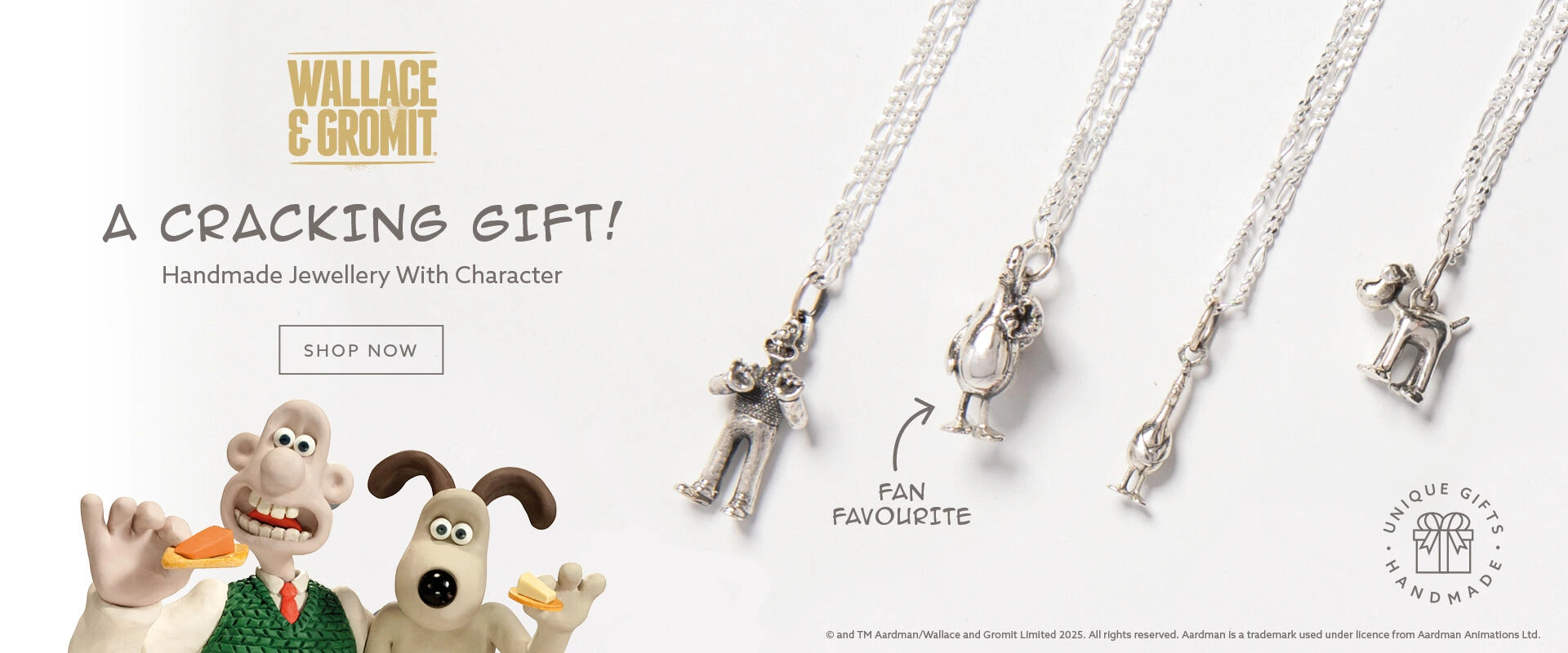 Licensed To Charm Wallace & Gromit jewellery banner featuring sterling silver character necklaces including Wallace, Gromit, and Feathers McGraw. Handmade jewellery gifts with charm and character. Text reads: 'A Cracking Gift – Handmade Jewellery With Character – Shop Now.' Unique gifts for Wallace & Gromit fans.