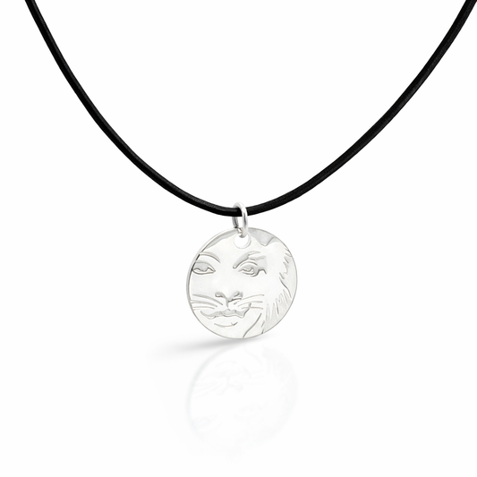 Licensed To Charm Cats Rum Tum Tugger leather necklace in silver plate with etched character detail on black leather cord