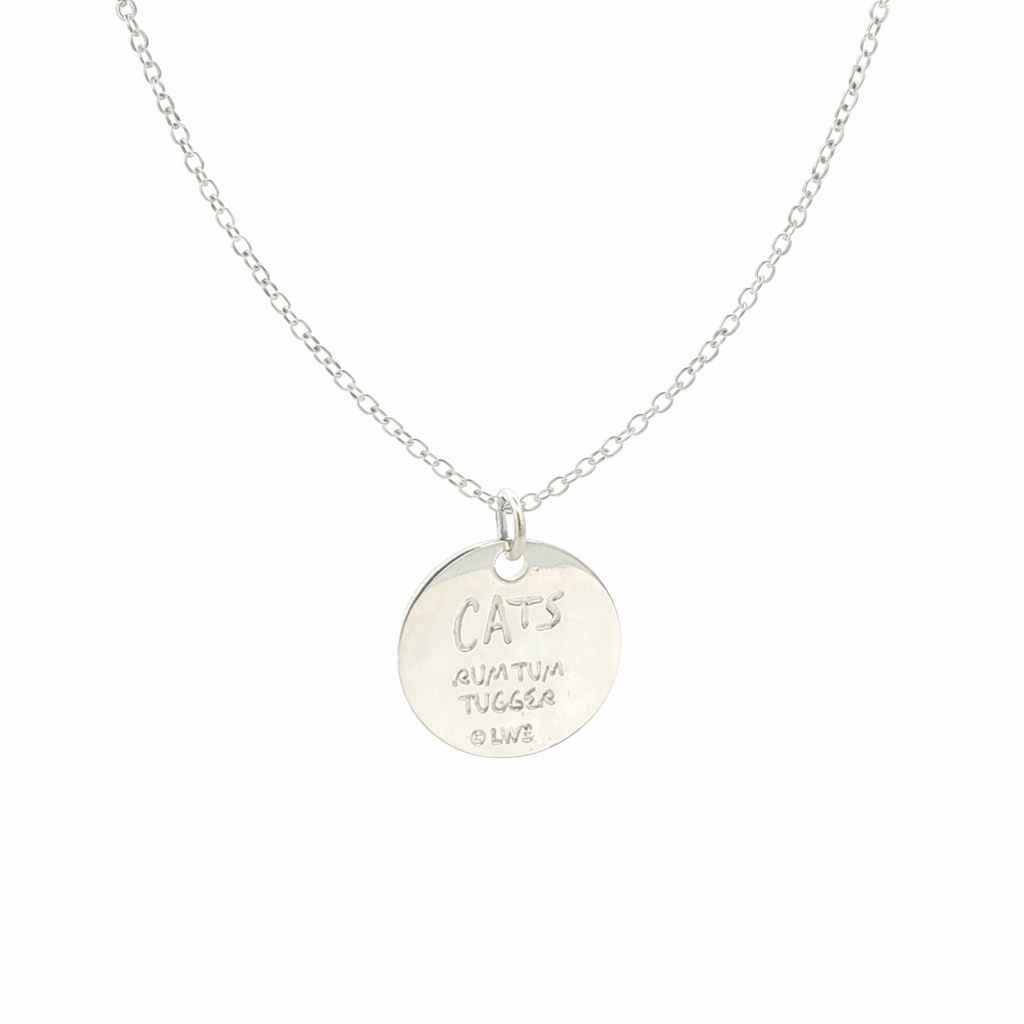 Licensed To Charm Cats Rum Tum Tugger necklace in silver plate with etched character pendant on fine chain back