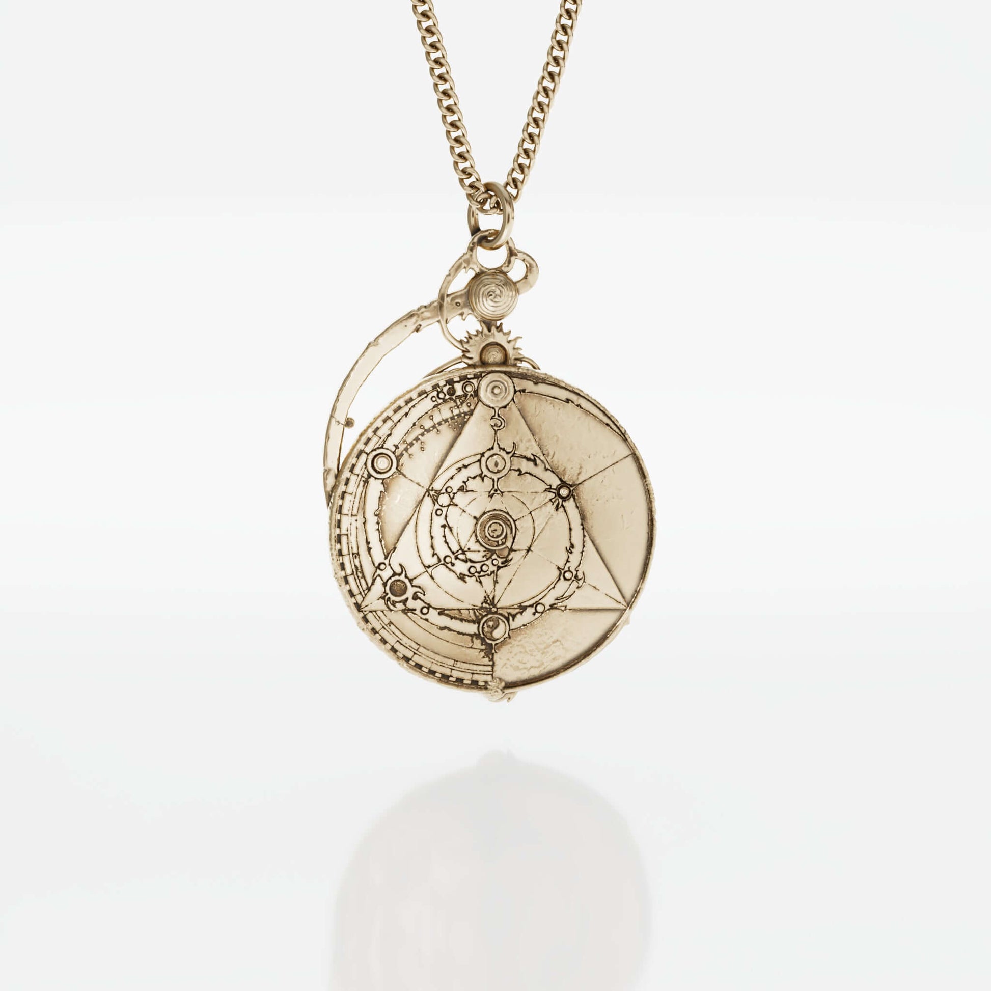 Licensed To Charm Large brass necklace replicating the Master Time Spiral from The Dark Crystal, featuring detailed mandala designs that symbolize the union of three courses of time and the eventual reunification of the urSkeks. Made from lead, cadmium, and nickel-free brass.