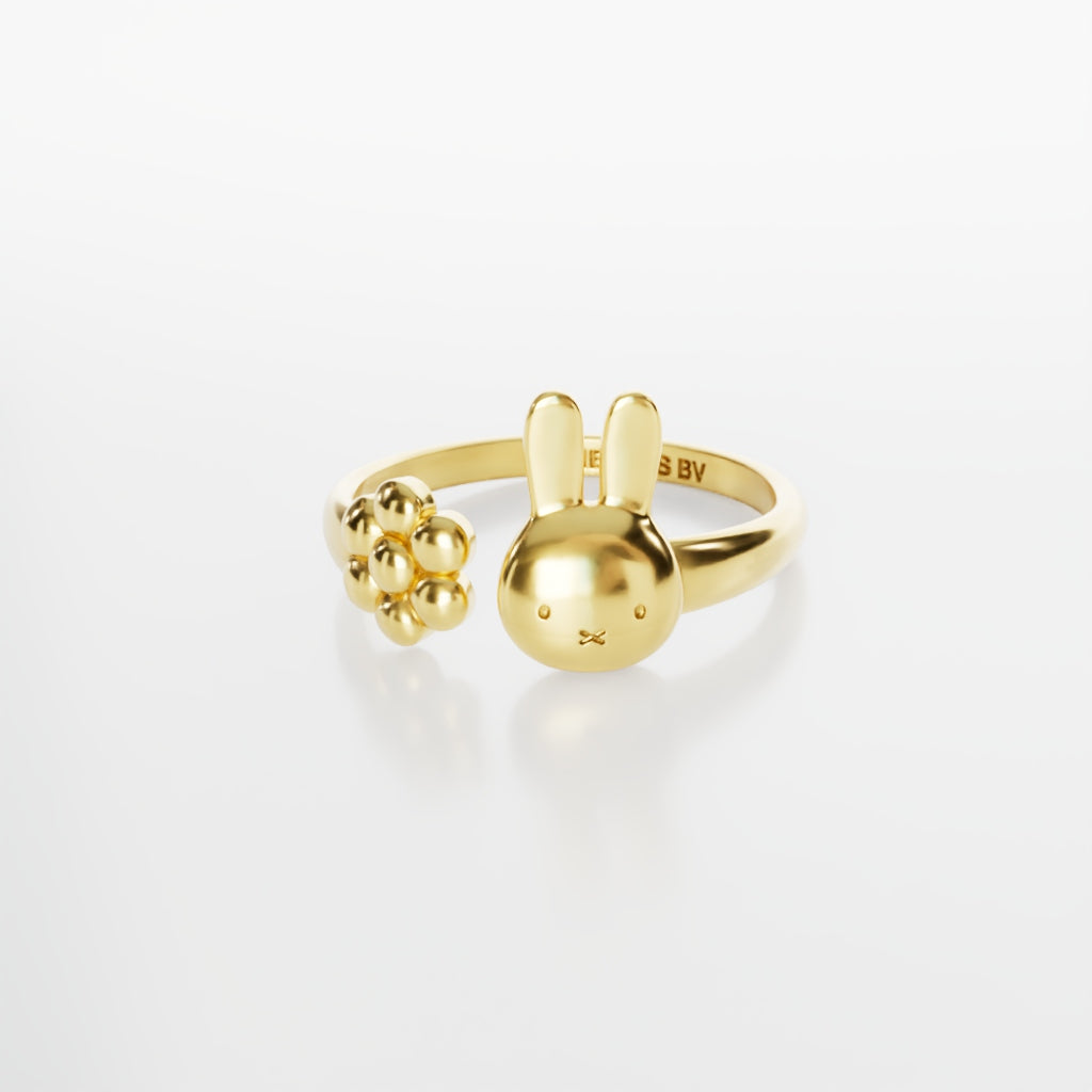 Licensed To Charm Miffy Daisy Adjustable Ring – handmade sterling silver with 18ct gold vermeil, official Miffy jewellery gift, rabbit & flower design