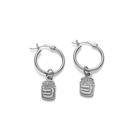 Paddington™ Marmalade Jar Hoop Earrings in sterling silver, handmade UK jewellery with engraved marmalade jar charms hanging from polished hoops