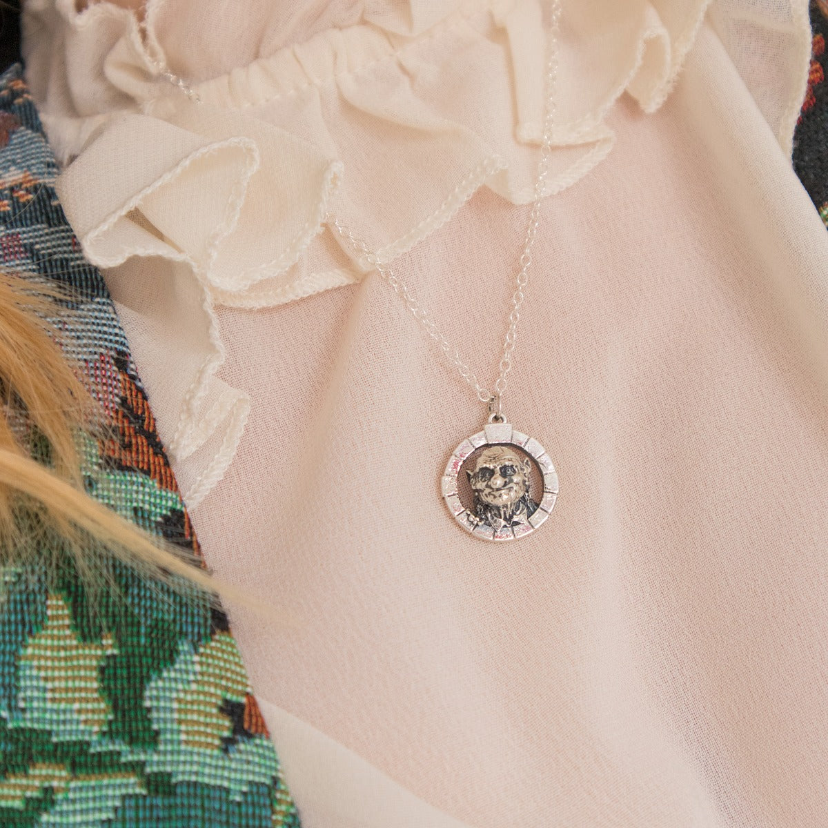 Licensed To Charm sterling silver Hoggle pendant necklace worn by model inspired by Jim Henson’s Labyrinth