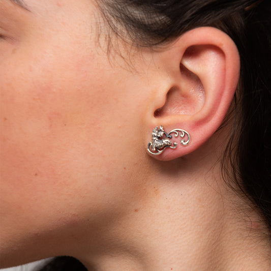 Licensed To Charm Model wearing Labyrinth Worm Climber Earrings – officially licensed jewellery