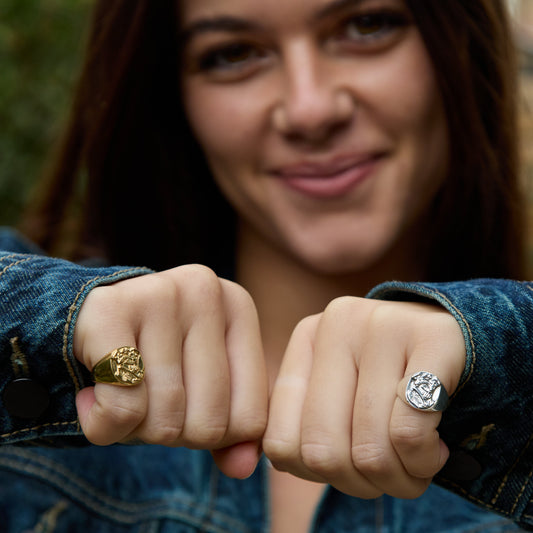 Licensed to Charm Moomin Crest Signet Ring Sterling Silver worn by model 