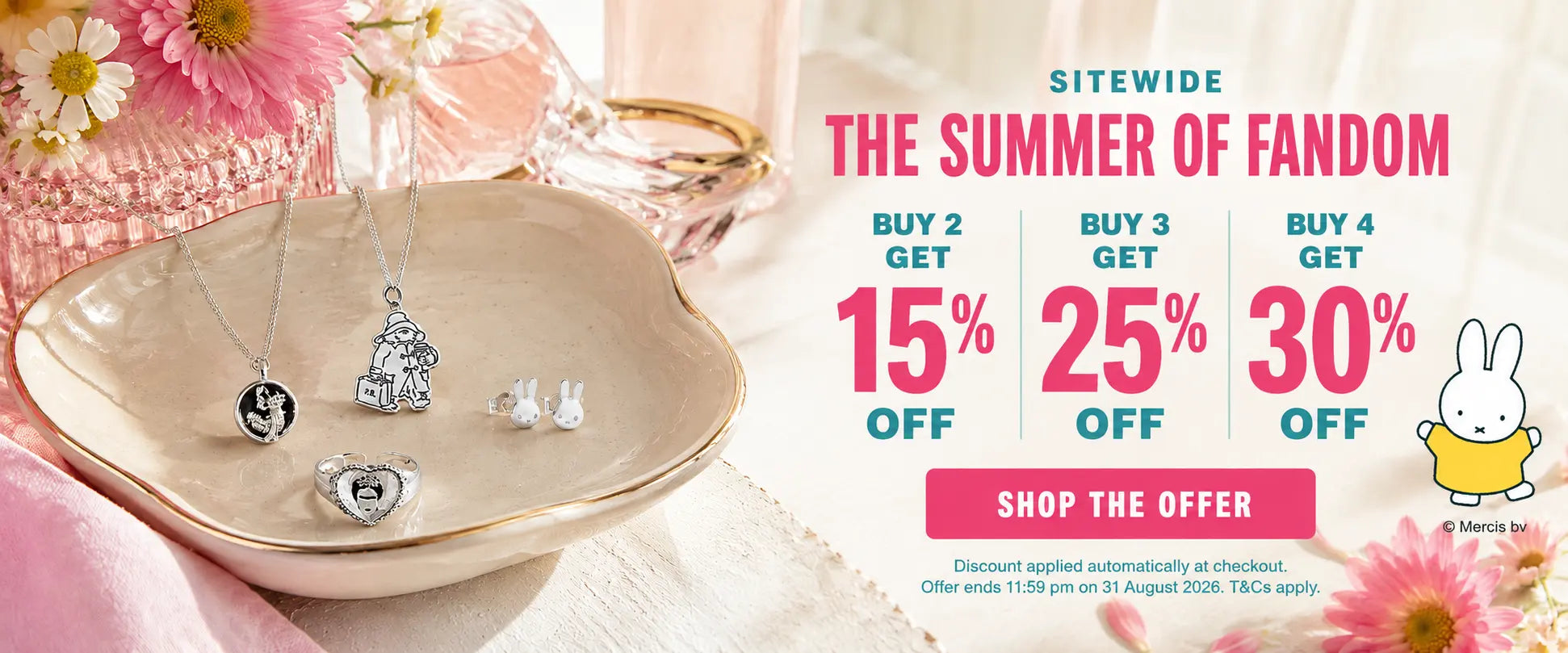 Licensed to Charm Summer of Fandom jewellery offer featuring Miffy and Paddington: buy 2 save 15%, buy 3 save 25%, or buy 4 save 30%.