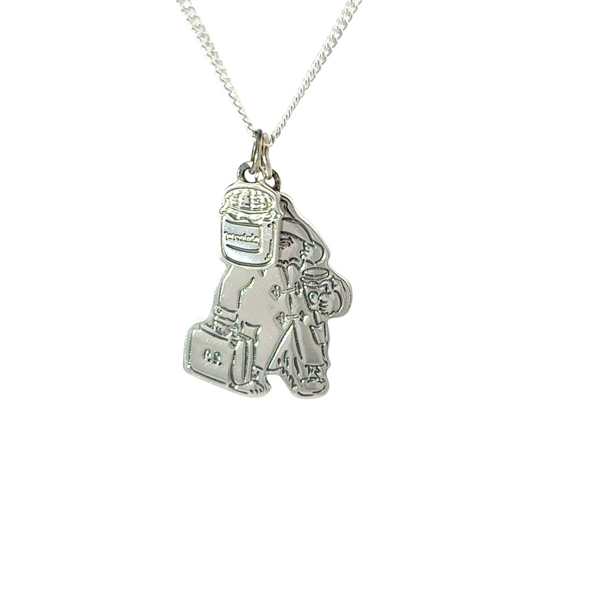 Paddington™ sterling silver pendant necklace with suitcase and floppy hat, paired with mini marmalade jar charm – handmade jewellery gift by Licensed To Charm.