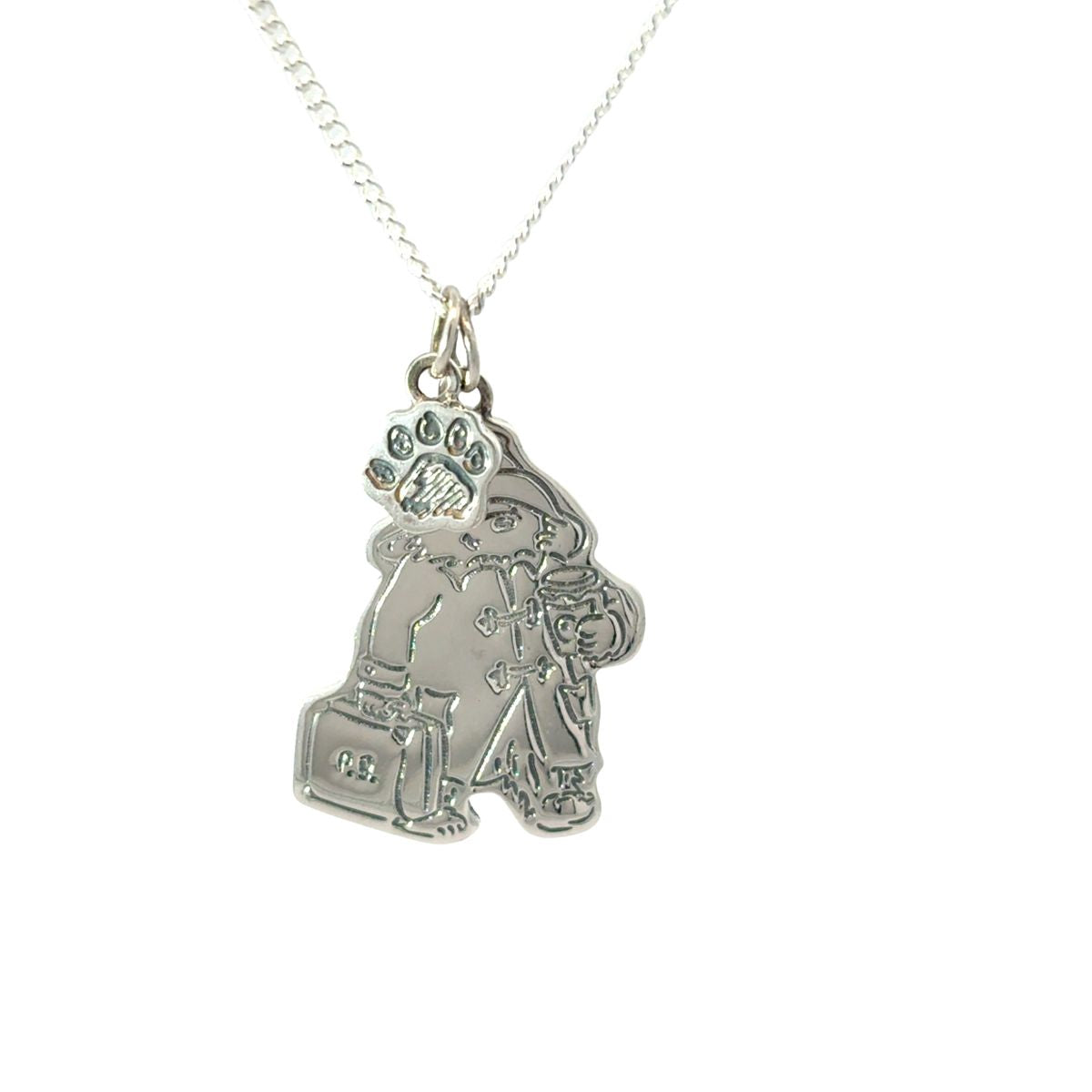 Paddington™ sterling silver pendant necklace with suitcase and floppy hat, paired with mini paw charm – handmade jewellery gift by Licensed To Charm