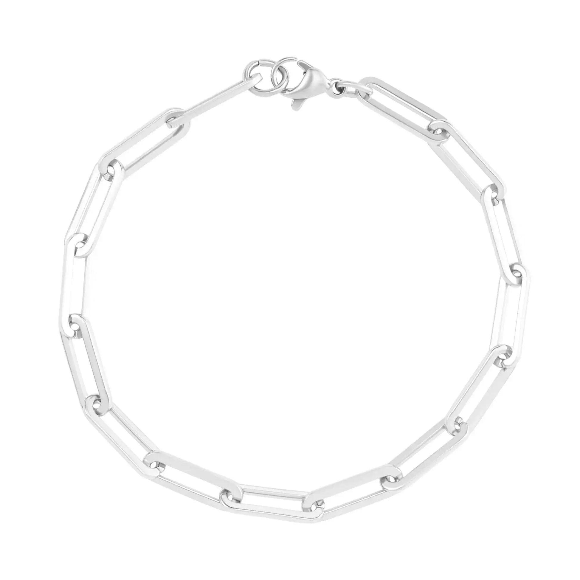 Sterling Silver Paperclip Bracelet with elongated links, ideal for layering or adding charms. Adjustable fit with a secure oval lobster clasp.