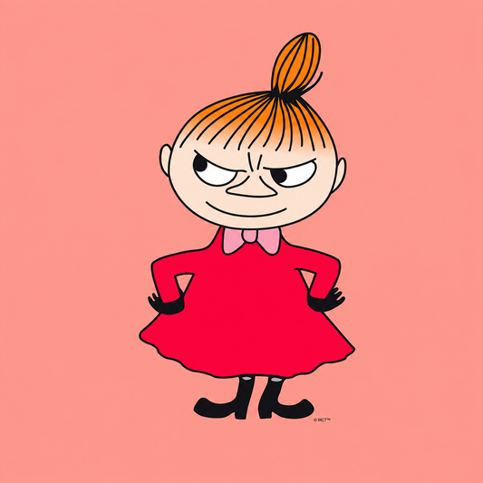 A stylized cartoon illustration of Little My from moomins with orange hair in a high ponytail, wearing a red dress and black boots, standing against a solid pink background.