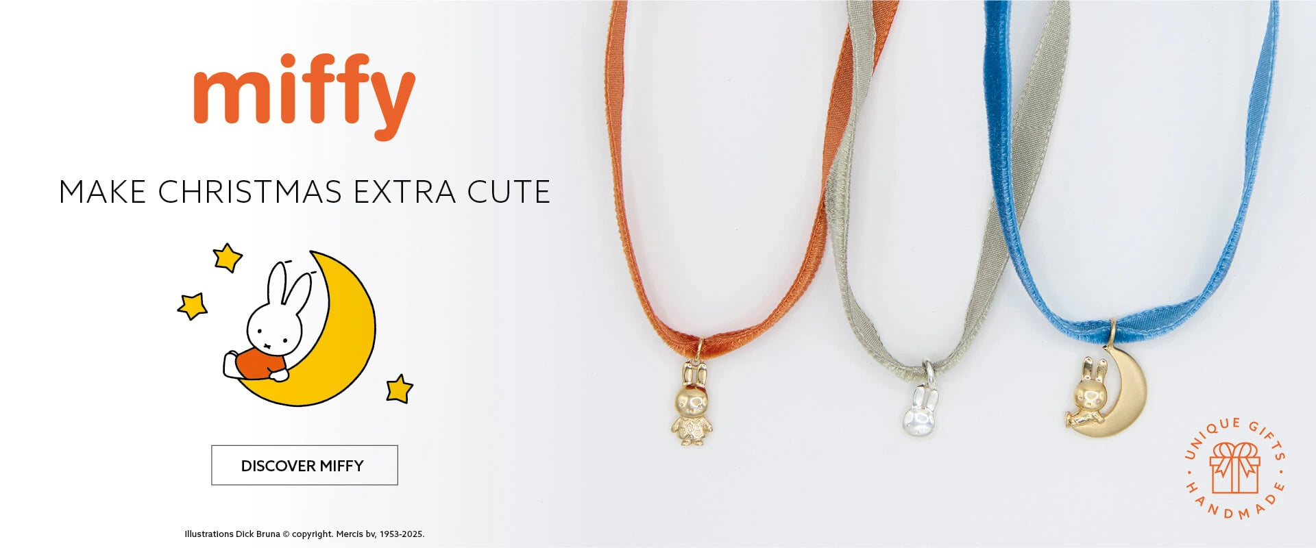 Miffy Christmas jewellery banner featuring gold and silver Miffy charms on velvet ribbons with illustration of Miffy sitting on a moon. Text reads ‘Make Christmas Extra Cute’. Licensed To Charm