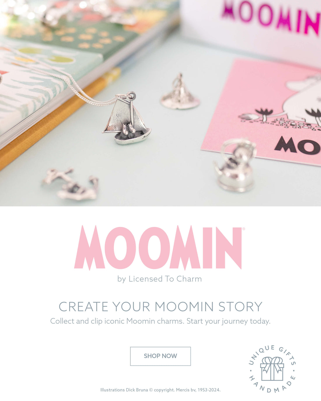 Explore the new Moomin charms collection featuring handcrafted sterling silver charms of Snufkin, Little My, Moomintroll, and more. Start your story today.