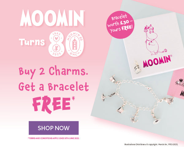 Desktop banner promoting Moomin offer: Buy 2 Moomin charms and get a free bracelet automatically at checkout. Includes Moomin branding and charms.