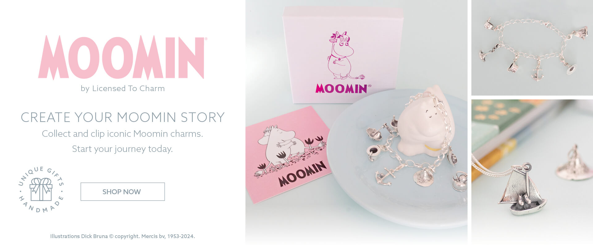 Explore the new Moomin charms collection featuring handcrafted sterling silver charms of Snufkin, Little My, Moomintroll, and more. Start your story today.