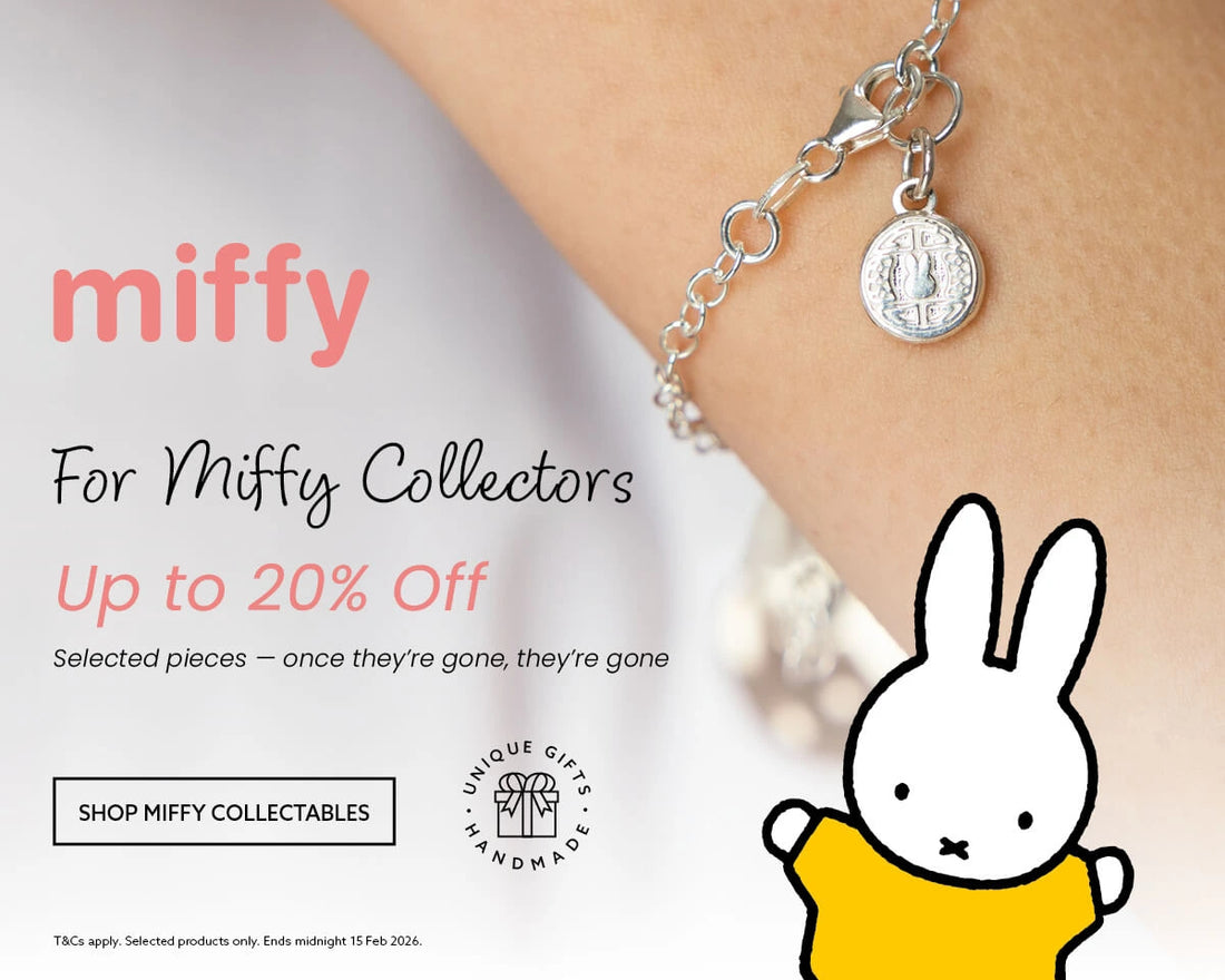 Miffy collectors jewellery banner featuring a sterling silver Miffy charm bracelet on an arm, with text reading “For Miffy Collectors – Up to 20% Off” on selected handmade pieces.