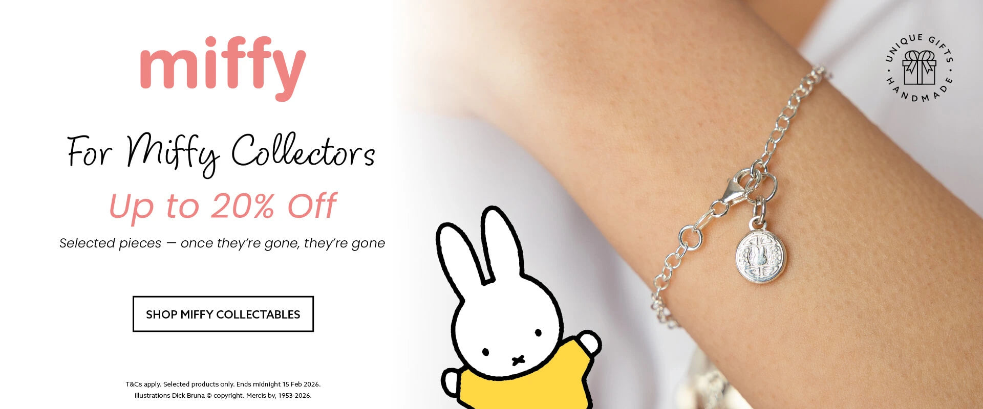 Miffy collectors jewellery banner featuring a sterling silver Miffy charm bracelet on an arm, with text reading “For Miffy Collectors – Up to 20% Off” on selected handmade pieces.
