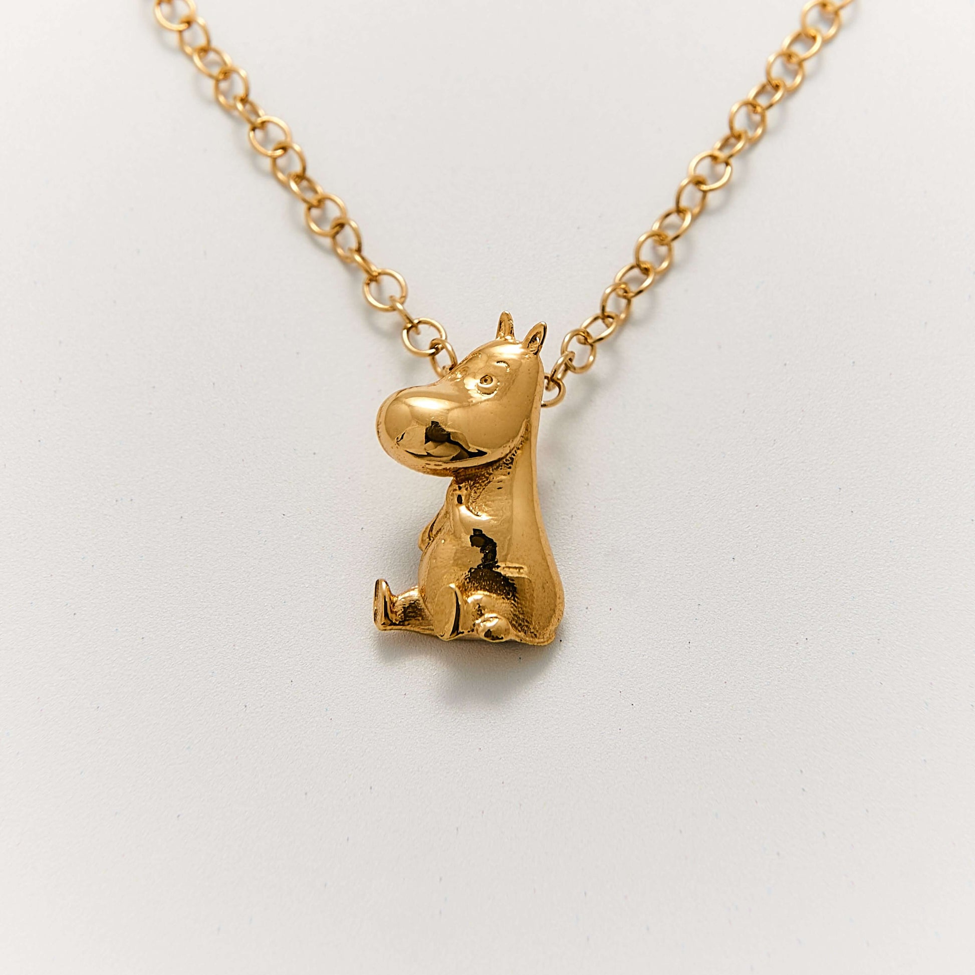 Moomintroll Necklace in 18ct Gold Vermeil, capturing the iconic character from Tove Jansson’s Moomin tales. Handmade and sustainable.