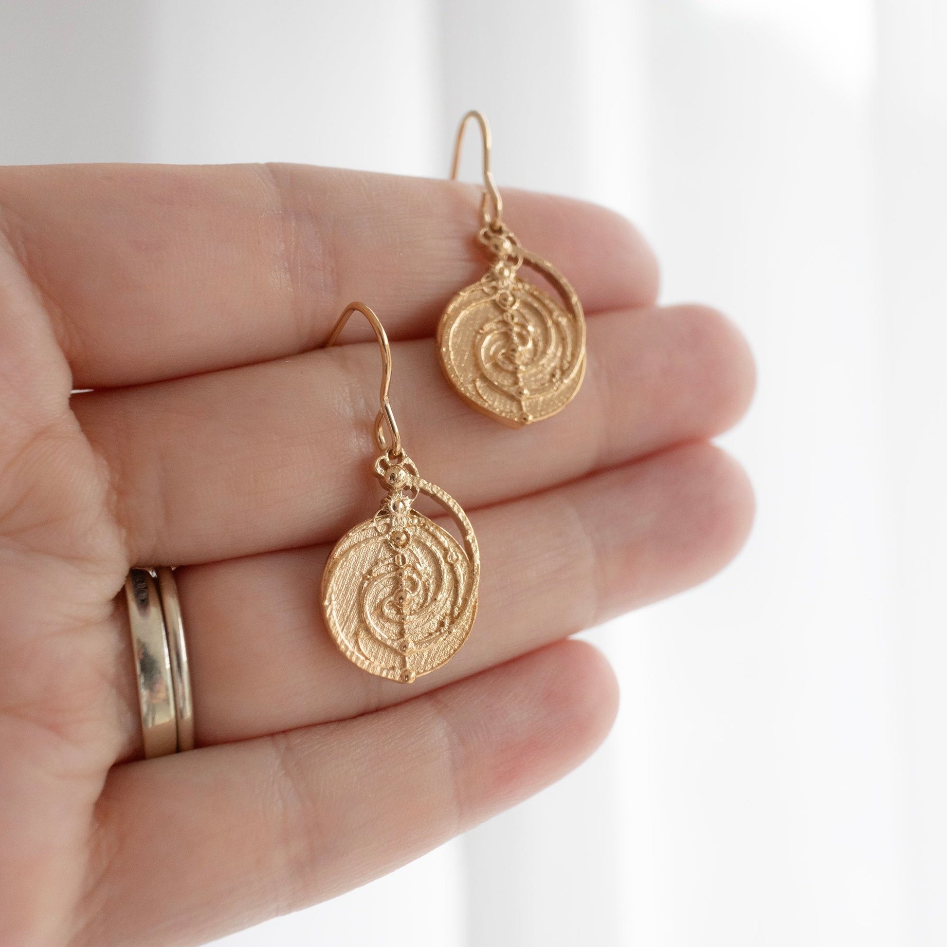 18ct Gold Vermeil Mystic Spiral Mandala Earrings, capturing the beauty of the Master Time Spiral from The Dark Crystal. Delicate and elegant, ideal for adding Gothic romance to any look.
