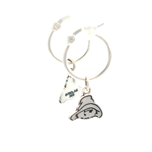 Sterling silver Paddington Bear hoop earrings with dangling head charms, handmade in the UK