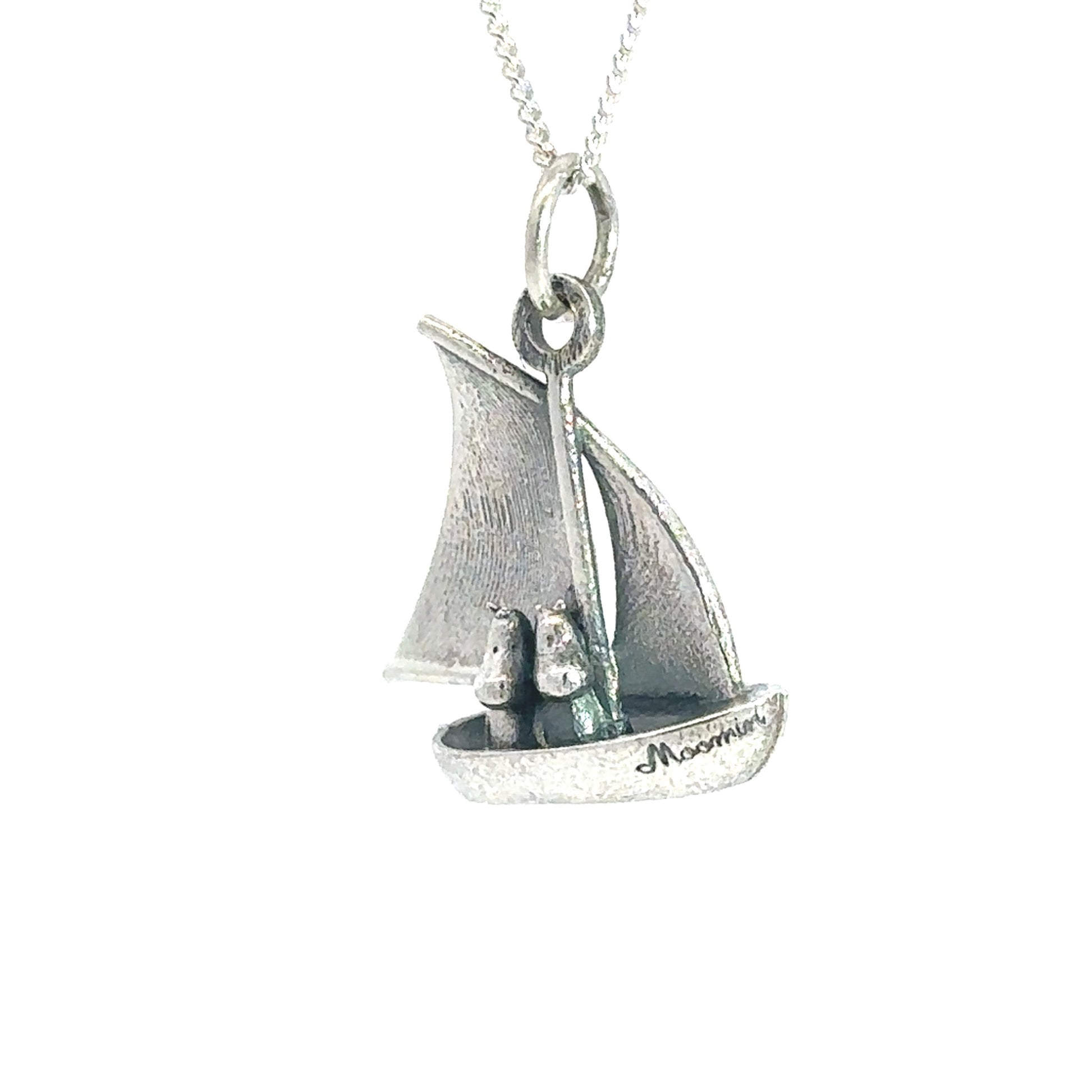 Handmade Moomin Sailing Boat Necklace in recycled sterling silver, capturing Moomintroll and Snorkmaiden’s shared adventure
