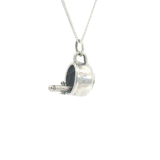 Sterling silver Moomin Hattifatteners In a Cup Necklace on a 45 cm trace chain, featuring a Hattifattener peeking out from a cup.