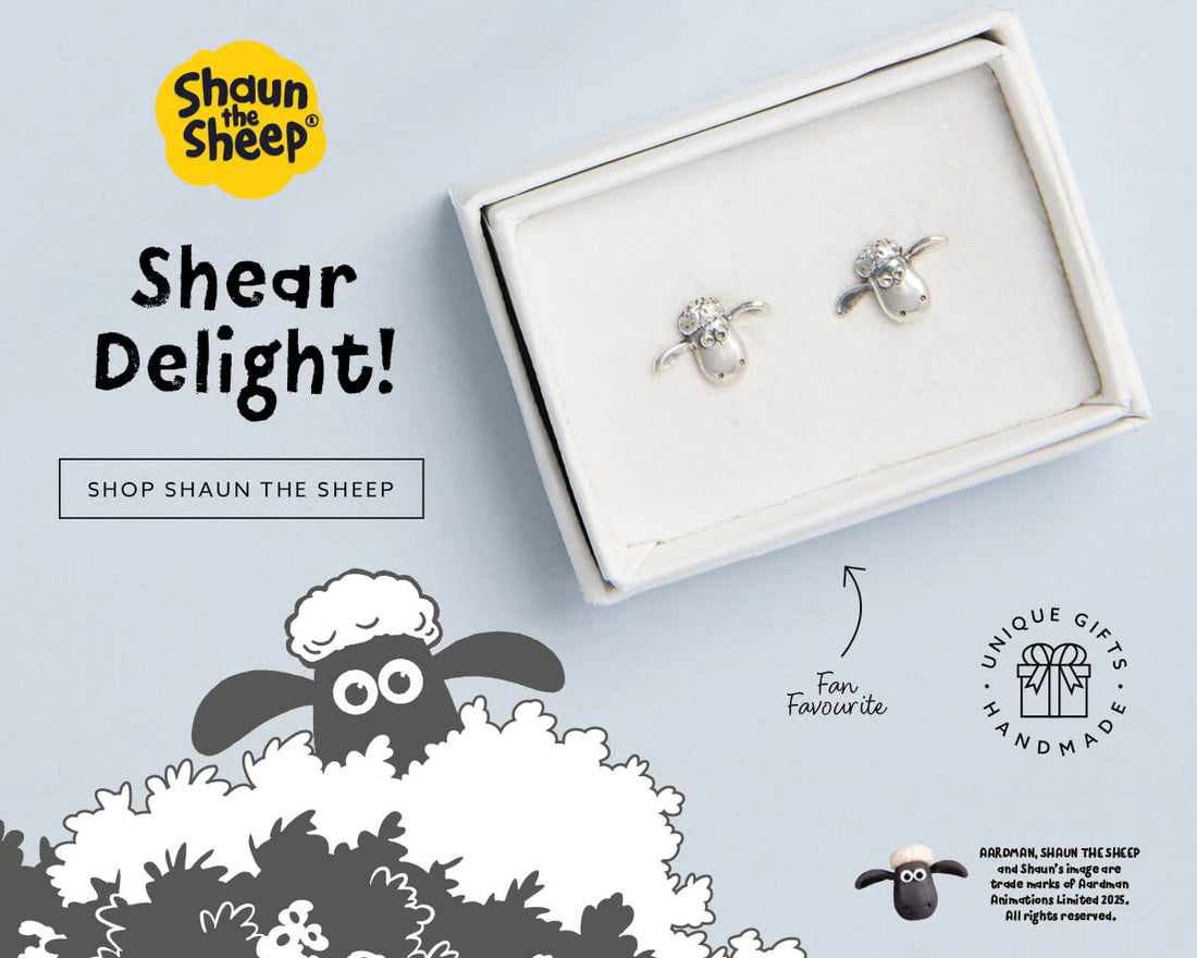 Shaun the Sheep sterling silver and gold vermeil sheep stud earrings displayed in gift boxes, officially licensed handmade jewellery by Licensed To Charm
