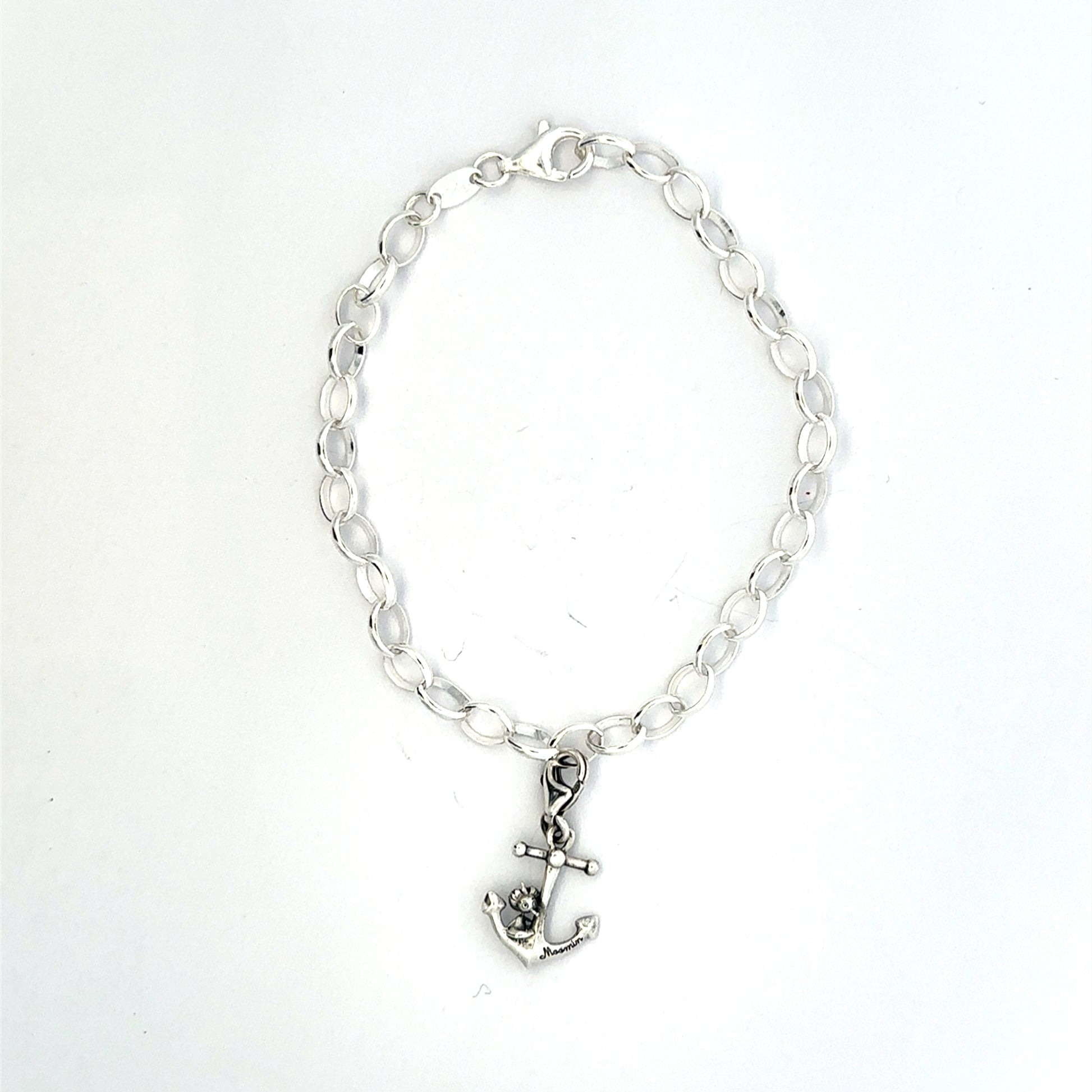 Sterling silver Moomin Anchor Bob Charm Bracelet featuring Bob seated on an anchor, crafted with intricate detail