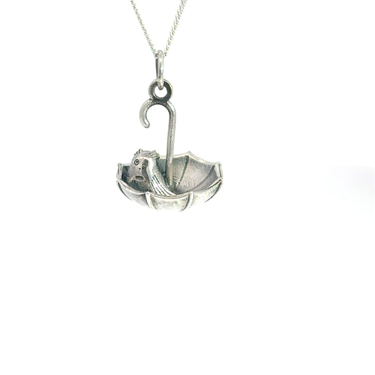 Sterling silver Moomin Nibling Umbrella Necklace on a 45 cm trace chain, featuring a Nibling peeking out from under an umbrella