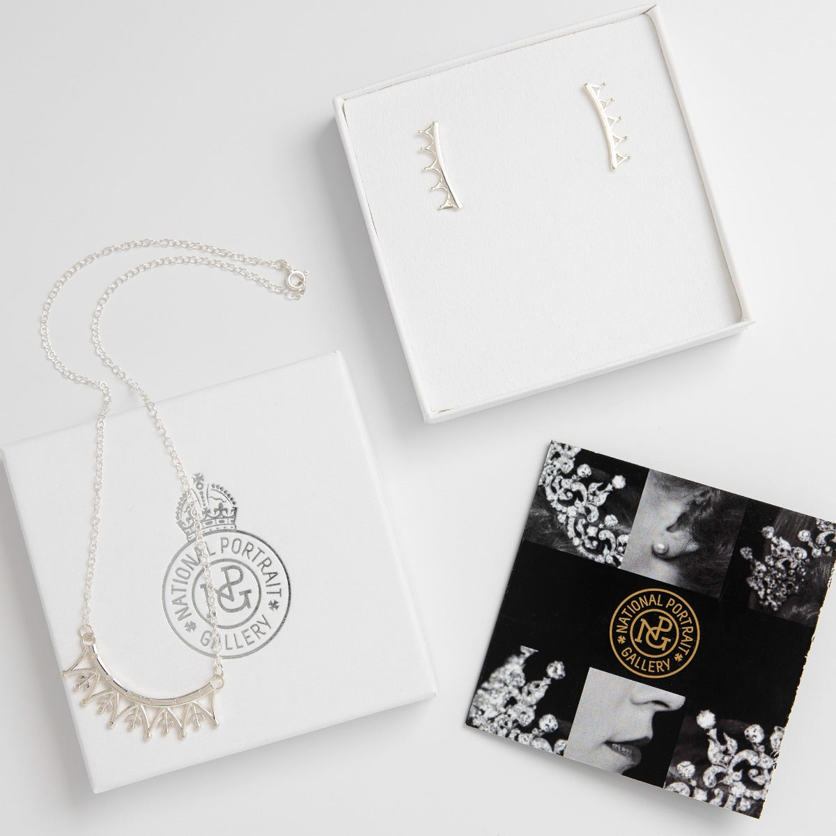 Sterling Silver Crown Jewellery Gift Set featuring a delicate crown necklace and matching ear climbers, inspired by Queen Elizabeth II’s favourite tiara.