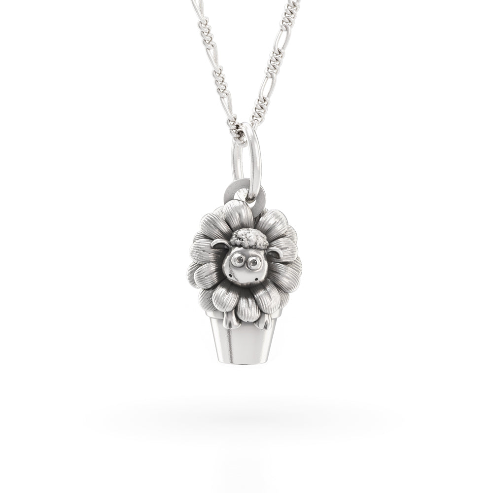 Sterling Silver Timmy in a Flower Pot Necklace, featuring Timmy peeking out of a flower pot. Handmade in the UK.