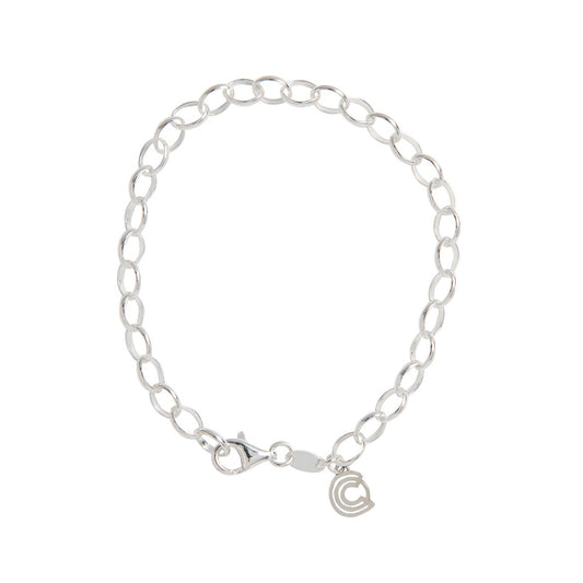 Sterling silver Belcher chain bracelet with interlocking links and a personalised Licensed To Charm tag, perfect for adding charms or wearing alone.