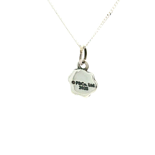 Side profile of sterling silver mini paw necklace showing engraved detail and chain