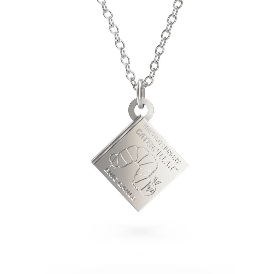 Sterling silver Very Hungry Caterpillar Book Necklace, featuring a delicately engraved storybook charm inspired by Eric Carle’s timeless tale.