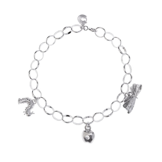 Sterling silver Very Hungry Caterpillar Charm Bracelet, featuring delicately crafted charms inspired by Eric Carle’s classic children’s book.