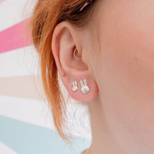Close-up of Large Miffy Head Earrings – Sterling silver earrings showcasing Miffy's iconic face, commemorating her 70th birthday.

