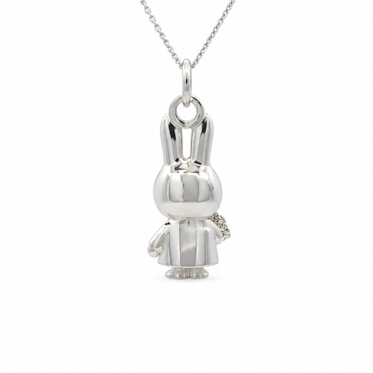 A polished silver miffy bunny pendant necklace on a delicate silver chain, set against a clean white background.
