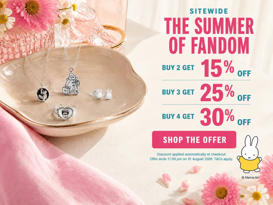 Licensed to Charm Summer of Fandom jewellery offer featuring Miffy and Paddington: buy 2 save 15%, buy 3 save 25%, or buy 4 save 30%.