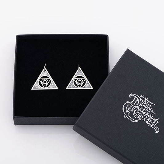 Sterling Silver Aughra's Triangle Earrings, handcrafted with intricate details inspired by Aughra’s astronomical wisdom in The Dark Crystal. Elegant and symbolic, ideal for collectors and fans.