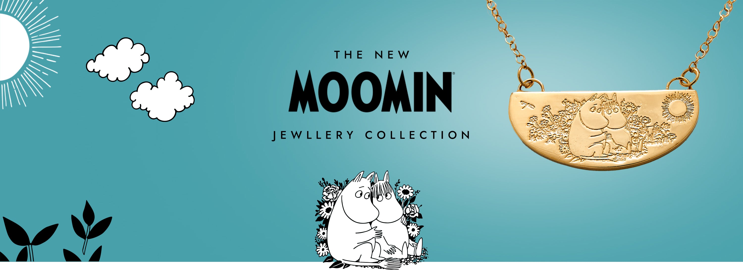 Moomintroll and Snorkmaiden sitting in a colourful field of flowers – the inspiration behind our Friends Among Flowers Necklace, celebrating love and nature in the Moomin world.