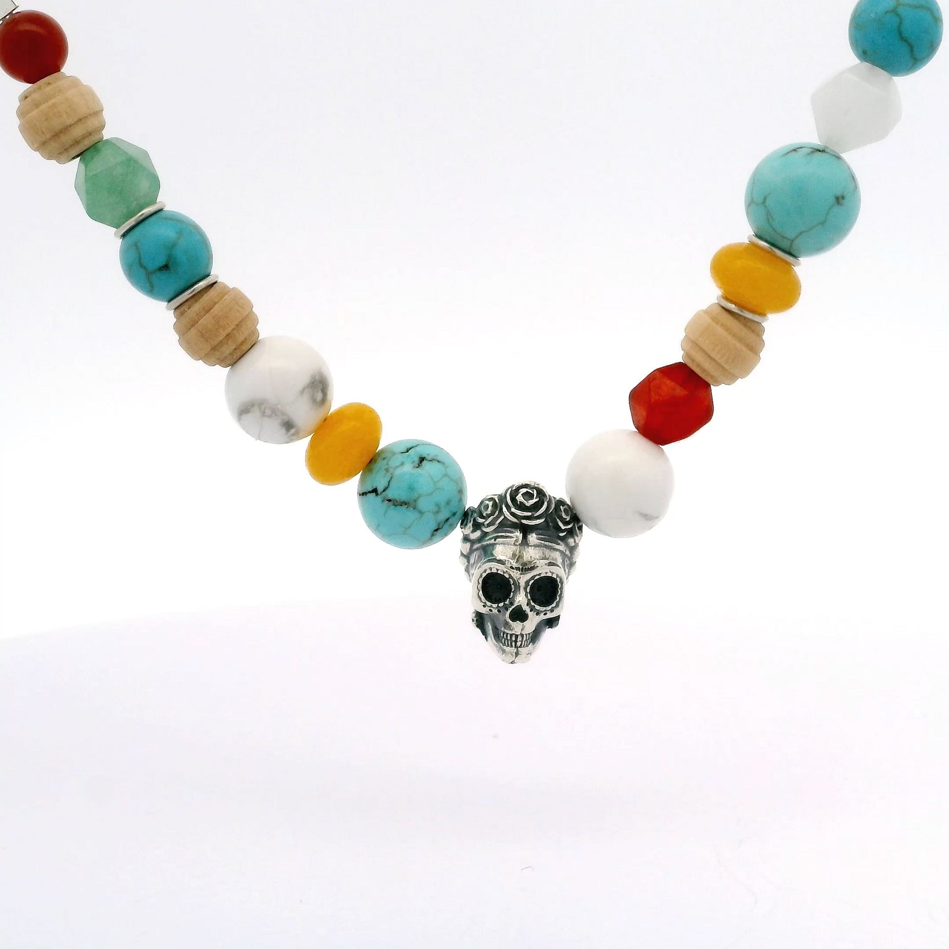 Frida Kahlo Beaded Sugar Skull Necklace in recycled sterling silver with an oxidized sugar skull charm and vibrant semi-precious stone beads. Handmade and unique