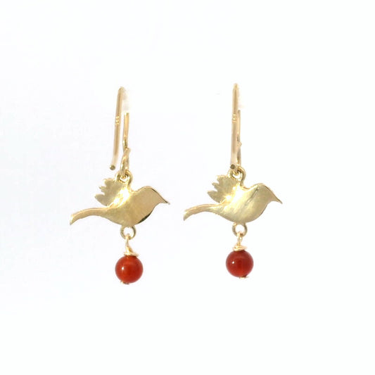 Gold vermeil Frida Kahlo Bird Earrings with intricate bird designs and carnelian gemstone drops. A bold, unique accessory for fans of nature and art