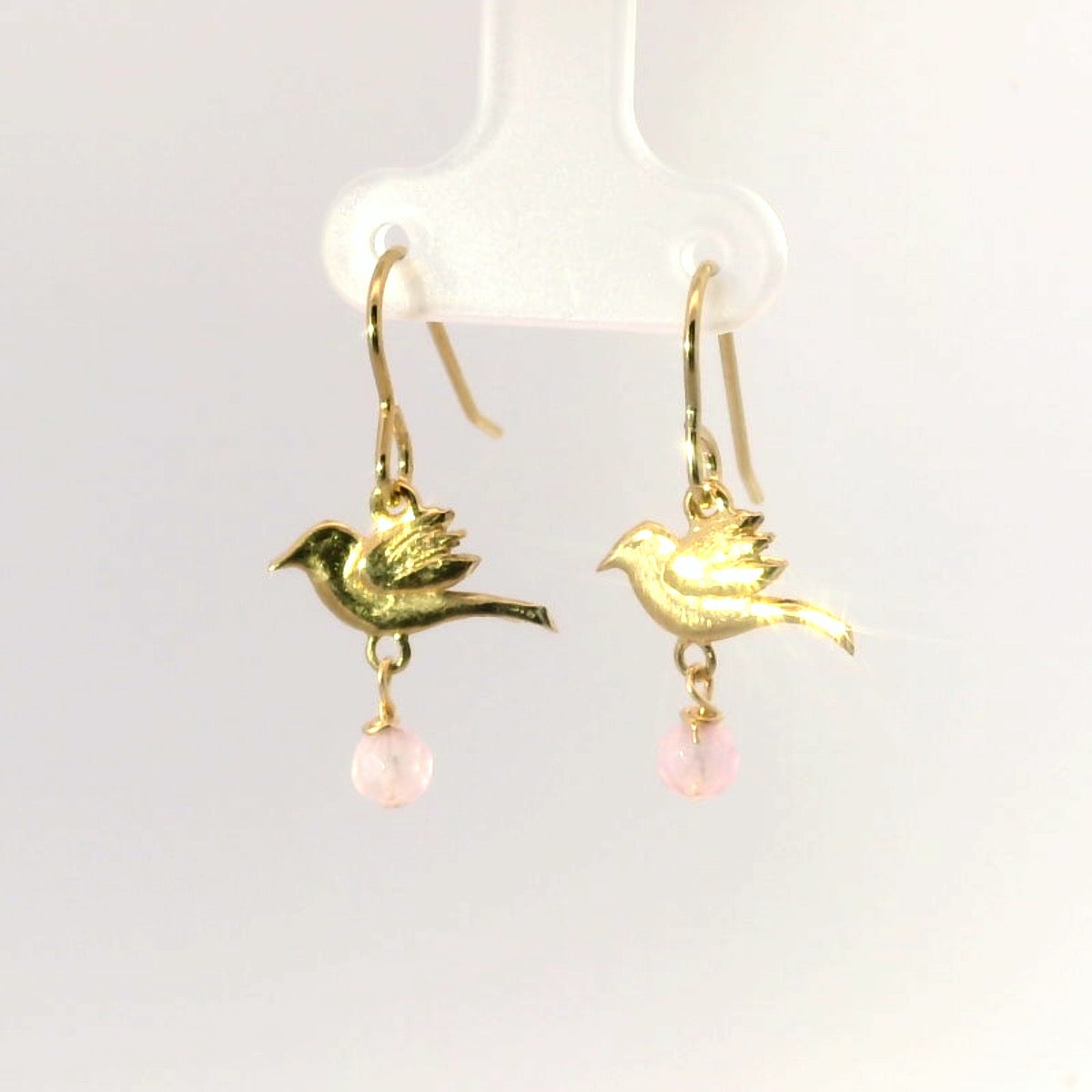 Handcrafted bird earrings with rose quartz gemstone drop inspired by Frida Kahlo