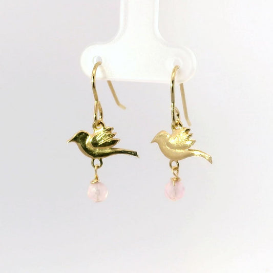 Frida Kahlo Bird Rose Quartz Drop Earrings in 18ct Gold Vermeil – handmade in the UK.